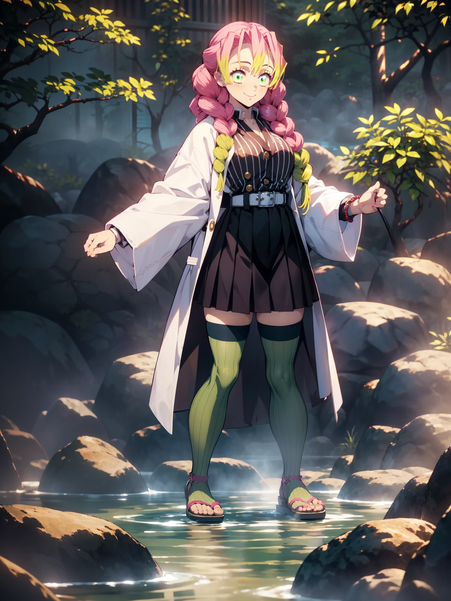 night, hot spring, standing, smile, 1girl, MitsuriKanroji, (solo, full body, White coat, belt, black dress, skirt, green striped stockings, straw sandals, Large breasts, breasts cut_out, samurai), Misty mist,((masterpiece)), best quality