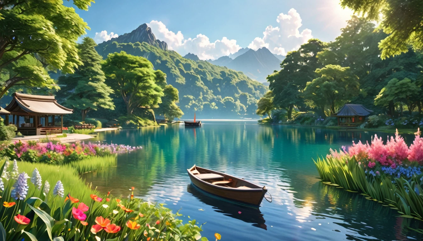 a beautiful detailed anime landscape, a girl walking in a peaceful public park, lush green trees, vibrant flowers, serene lake with a small boat, warm sunlight, (best quality,4k,8k,highres,masterpiece:1.2),ultra-detailed,(realistic,photorealistic,photo-realistic:1.37),intricate details,stunning scenery,vivid colors,soft lighting,dreamlike atmosphere,natural beauty,tranquil setting,very long shot