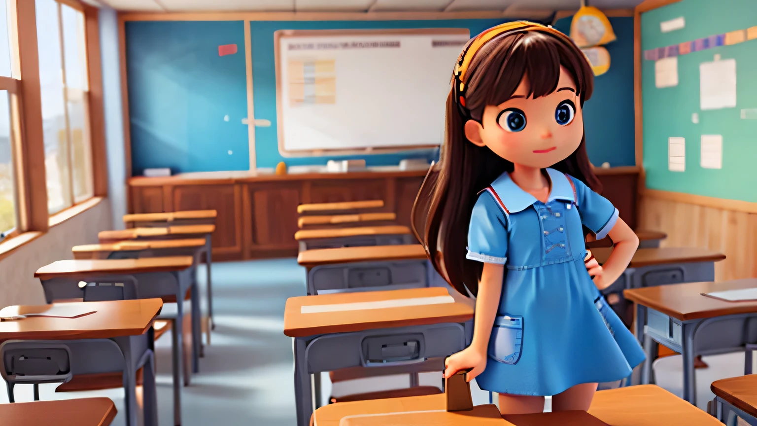 stitch teacher dress in a classroom in high quality