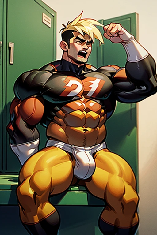 Danny Fenton in a locker room sitting on a wooden bench with brainwashed football jocks sitting on either side of him as he struggles not to be brainwashed as he is assimilated into their team. Turning into stereotypical football jock just like Dash Baxter. Black hair partially turned blonde. hyper muscles. Big biceps. Big triceps. Big traps. big lats. big deltoids. Big meaty pecs. Swollen crotch bulge. Tenting crotch. Open mouth. Sneer. Cocky smirk. IQ drain. Dumber and dumber. big dumb jock. Jock assimilation. Hypnosis. Hypnotic trance. Brainwashing. Brainwashed. Hypnotized. Entranced. Jock assimilation. Jock conversion. Meathead. Musclehead. Brute. Bro. "Feeling ... funny, but.... Focus, Danny! I have to resist. Have to ... break free.... Have to ... have to..... I ... m-must.... I ... must...." Speaking in a dull monotone as he falls into trance. "I must grow.... I must join the team.... I must conform.... I must obey.... Be a bro.... I must flex.... Must work out.... Love working out.... Get pumped.... Pump muscle up.... Pump brains out.... Bigger and bigger.... Dumber and dumber.... Don't think.... Hate smarts.... Just a big ... dumb ... jock.... Must grow big.... Must be dumb.... like Dash.... Dumb jocks rule.... We suck at school.... To every nerd, we must be cruel...." Sneering. Smirking. Cocky. Football uniform. Cleats. Shoulder pads. Jockstrap.