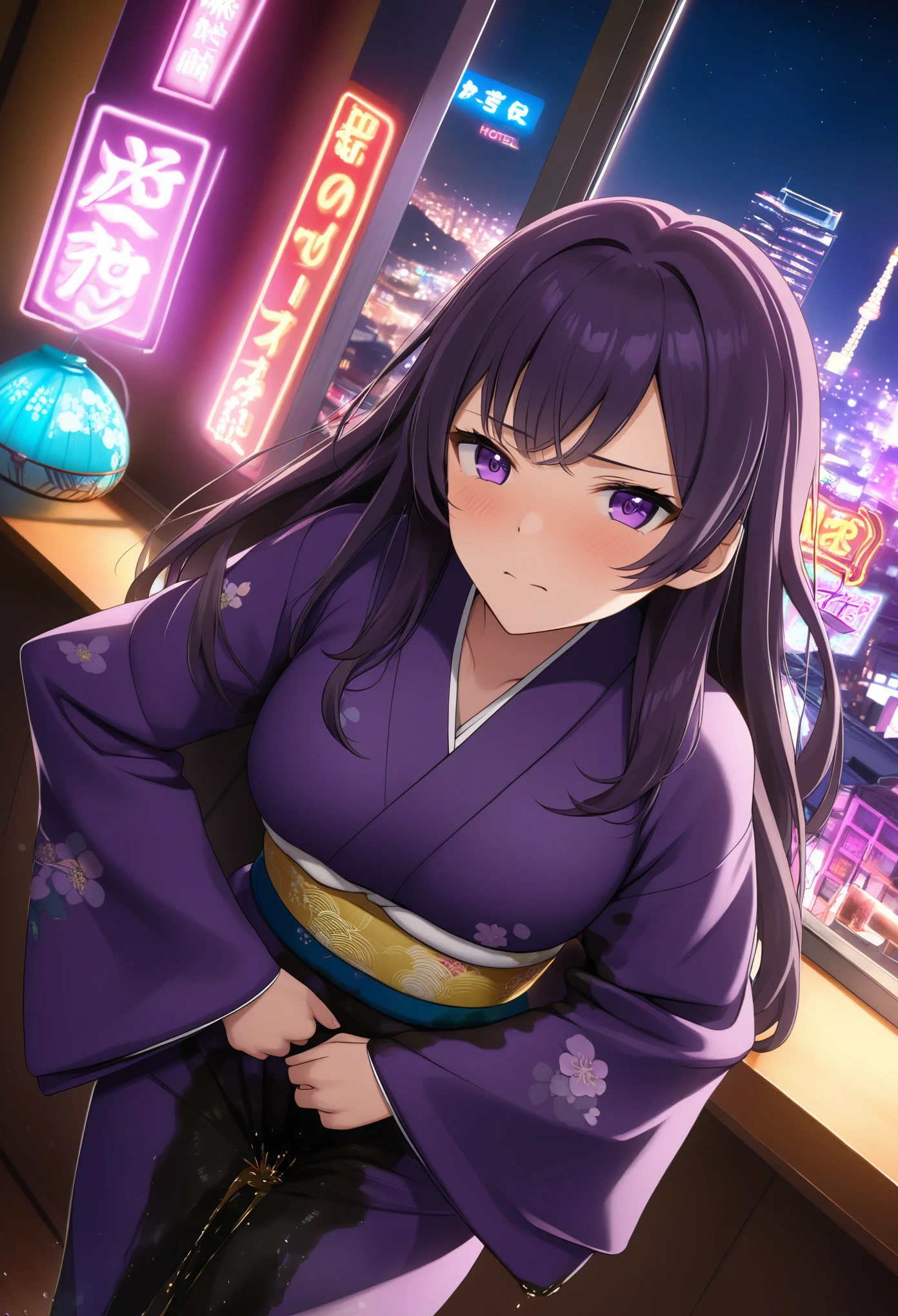 woman, very dark purple hair, purple eyes, long hair, large breasts, skinny, mature figure, furisode, (kimono:1.5), standing, (wetting herself:1.5), best quality, ultra-detailed, HDR, studio lighting, professional, vivid colors, sharp focus, bokeh, landscape, love hotel, bar counter, night, window, cityscape, colorful city, neon lights, soft lighting, dynamic shadows, embarrassed, humiliation, blushing, angry, facing viewer, (hands on hips:1.5)