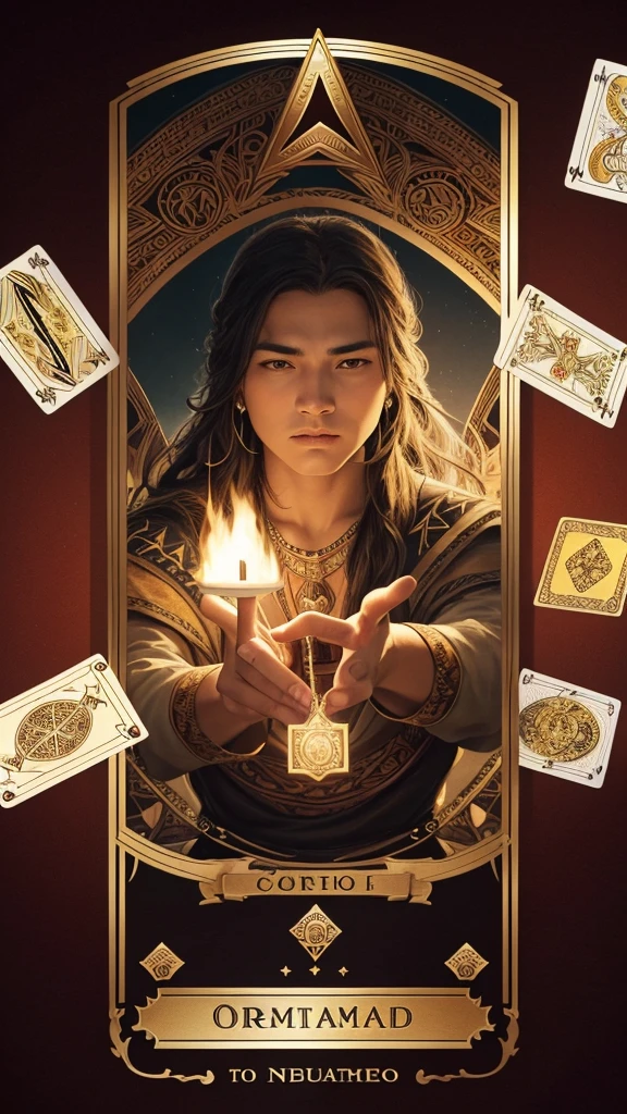 Best quality, high resolution, obra prima, Drawing card wizard from tarot, with a number one in roman, inspirated in native american.