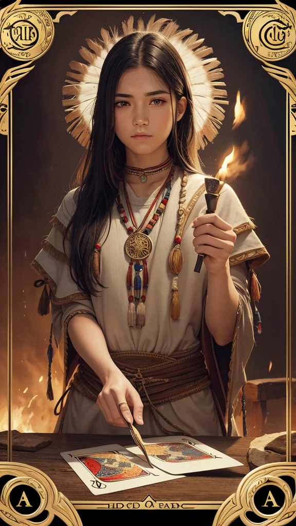 Best quality, high resolution, obra prima, Drawing card wizard from tarot, with a number one in roman, inspirated in native american.