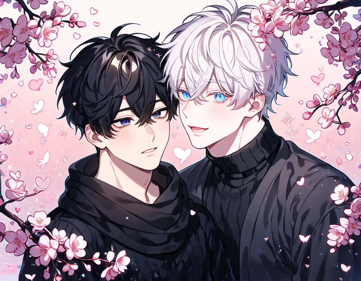 absurdres, highres, ultra detailed, HDR, master piece, best quality, extremely detailed face, delicated features, Kang Woojin, black hair, messy hair, expressive dark blue eyes, Love Jinx, Gojou Satoru, white hair, expressive blue eyes, white eyelashes, two sexy men together, gay couple, yaoi, handsome, black coat, black sweater, black scarf, fantasy, magical, radiant, blossoms, pink flowers, pink butterflies, starry night, shining pink moon