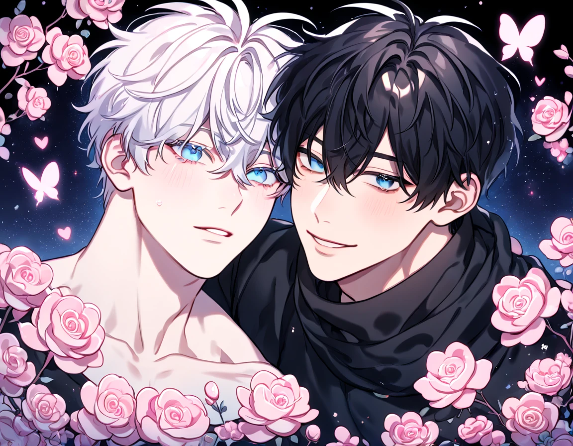 absurdres, highres, ultra detailed, HDR, master piece, best quality, extremely detailed face, delicated features, Kang Woojin, black hair, messy hair, expressive dark blue eyes, Love Jinx, Gojou Satoru, white hair, expressive blue eyes, white eyelashes, two sexy men together, gay couple, yaoi, handsome, black coat, black sweater, black scarf, fantasy, magical, radiant, blossoms, pink flowers, pink butterflies, starry night, shining pink moon