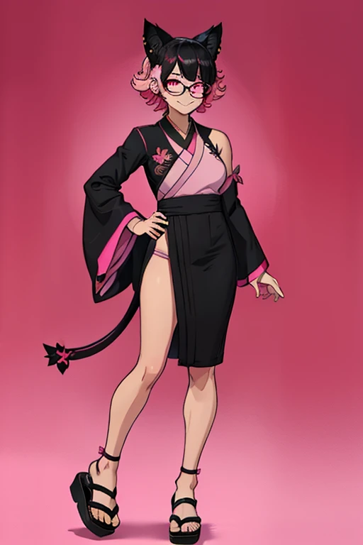 female, pink short hair, red eyes, black cat ears, pink cat tail, (((1girl))), (((pink and black kimono))), (black Japanese sandals), (pink tinted glasses), cute and sexy, full body, modest breasts, long legs, smiling