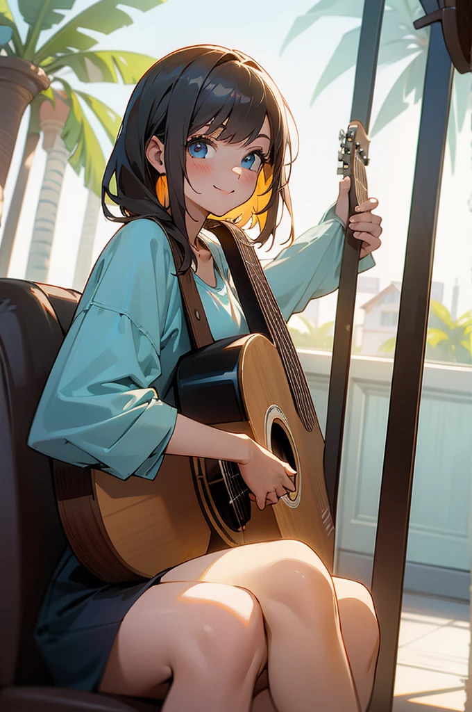 1 girl, sitting down with an acoustic guitar, background inside a house sitting behind a window that shows LA with palm trees, she is facing towards you, looking towards you, with a big smile,