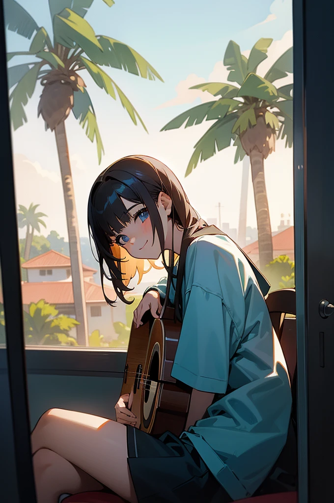 1 girl, sitting down with an acoustic guitar, background inside a house sitting behind a window that shows LA with palm trees, she is facing towards you, looking towards you, with a big smile,