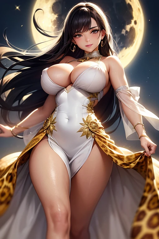 1womanl, brunette skin, a little overweight, breasts small, dazzling, with a dress that covers the body, leopard print, thin straps and reaches mid-thigh height!! look that conveys strength, full lips and slight smile, full moon background that fills the center of the image, the woman stands in front of the moon being illuminated by the moon, beautiful shine, beautiful contrast, light glow in direction from top to bottom in 45 degrees from left to right and another light glow from bottom to top in yellow color in 45 degrees.