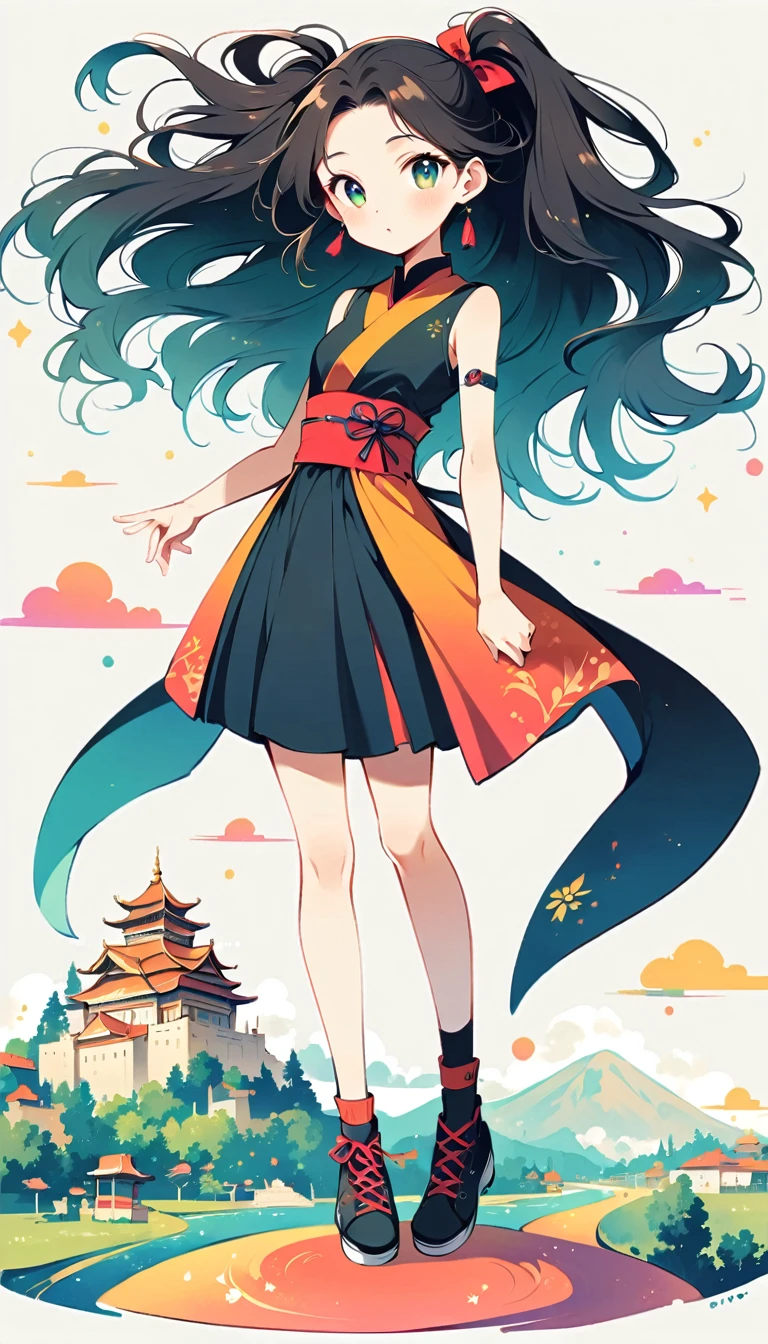White background, Watase Seizo style, Ninja Assassin, Simple line initials, shining pupils, (((The Most Beautiful Girl))), 18 years old, palace background, vivid colors, whole body, black tone
