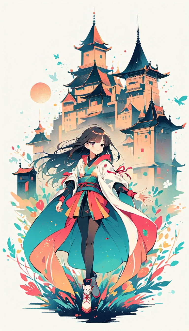 White background, Watase Seizo style, Ninja Assassin, Simple line initials, shining pupils, (((The Most Beautiful Girl))), 18 years old, palace background, vivid colors, whole body, black tone