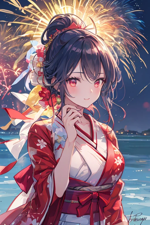 a beautiful woman wearing a red yukata, detailed hair tied up, yellow obi, night festival, fireworks bursting in the sky, blushing and smiling, fireworks reflected in sparkling eyes, (best quality,4k,8k,highres,masterpiece:1.2),ultra-detailed,(realistic,photorealistic,photo-realistic:1.37),studio lighting,extremely detailed face and eyes,longeyelashes,beautiful detailed lips,detailed face,beautiful skin,elegant pose,intricate details,vivid colors,dramatic lighting,glowing fireworks,sparkling night sky