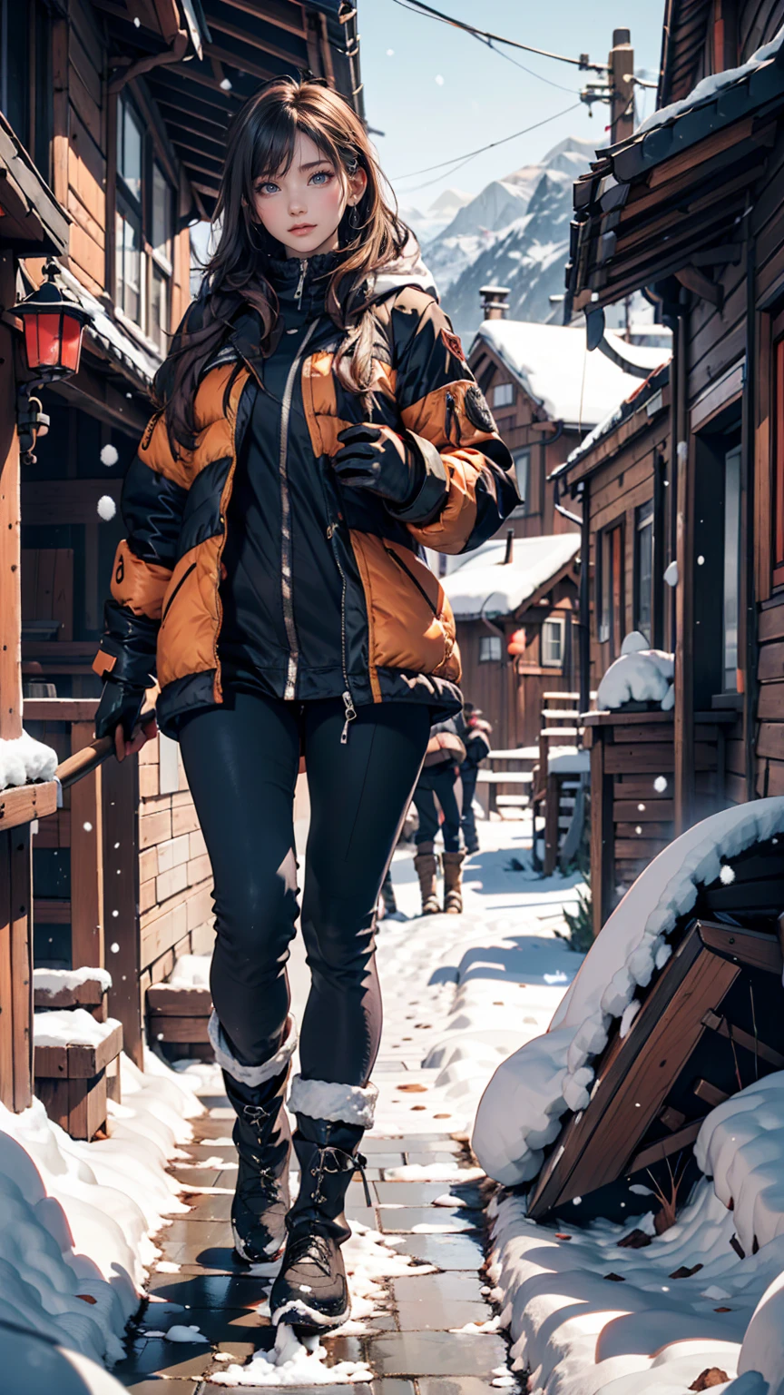 House in the mountains, River Big, Snow-covered rocks, Sharp focus, Very detailed, 8k. 50mm lens、24-year-old female、Down jacket、Winter gloves、Fluffy trousers、Boots、Use a shovel to clear snow from around your house