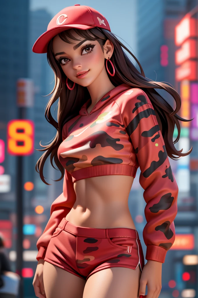 1girl, beautiful, smirk, wearing a hat, earrings, red camo sweatshirt, red_short shorts, long hair, brown hair, mascara, nose lips, standing, midriff, naval, earrings, (realistic:1.5), cyberpunk, neon city, neon lights, 3d, cgi, volumetric lighting