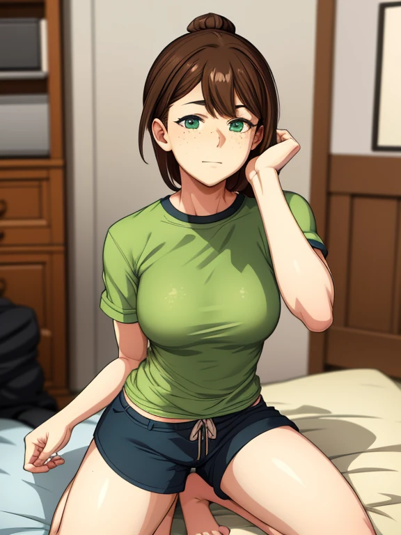 -High quality- -masterpiece- -Anime style- A beautiful woman, brown hair tied up, green eyes, freckles visible on her cheeks and nose, a scar on her face, wearing a green t-shirt , cloth shorts, barefoot, walking through a beautiful room, relaxed and calm expression
