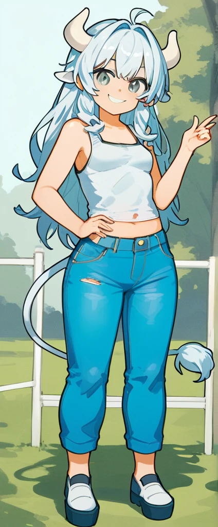 score_9, score_8_up, source_anime, masterpiece, best quality, BREAK 1girl, white horns, white spiked hair, grey eyes, small breasts, smile, pants, cow print tank top, jeans, meadow