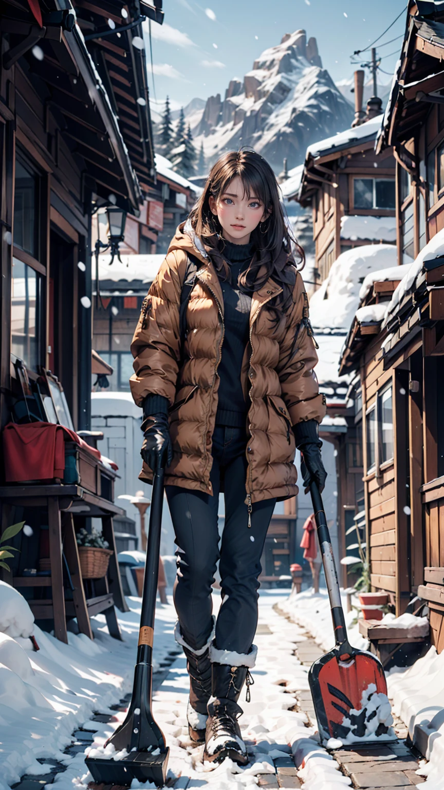 House in the mountains, River Big, Snow-covered rocks, Sharp focus, Very detailed, 8k. 50mm lens、24-year-old female、Down jacket、Winter gloves、Fluffy trousers、Boots、Use a shovel to clear snow from around your house