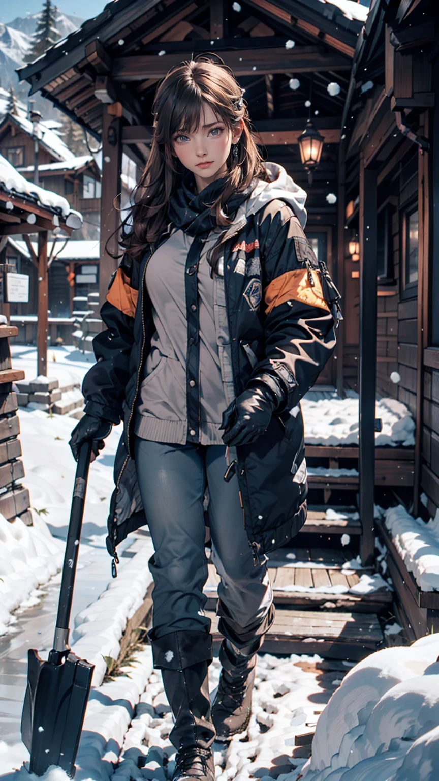 House in the mountains, River Big, Snow-covered rocks, Sharp focus, Very detailed, 8k. 50mm lens、24-year-old female、Down jacket、Winter gloves、Fluffy trousers、Boots、Use a shovel to clear snow from around your house