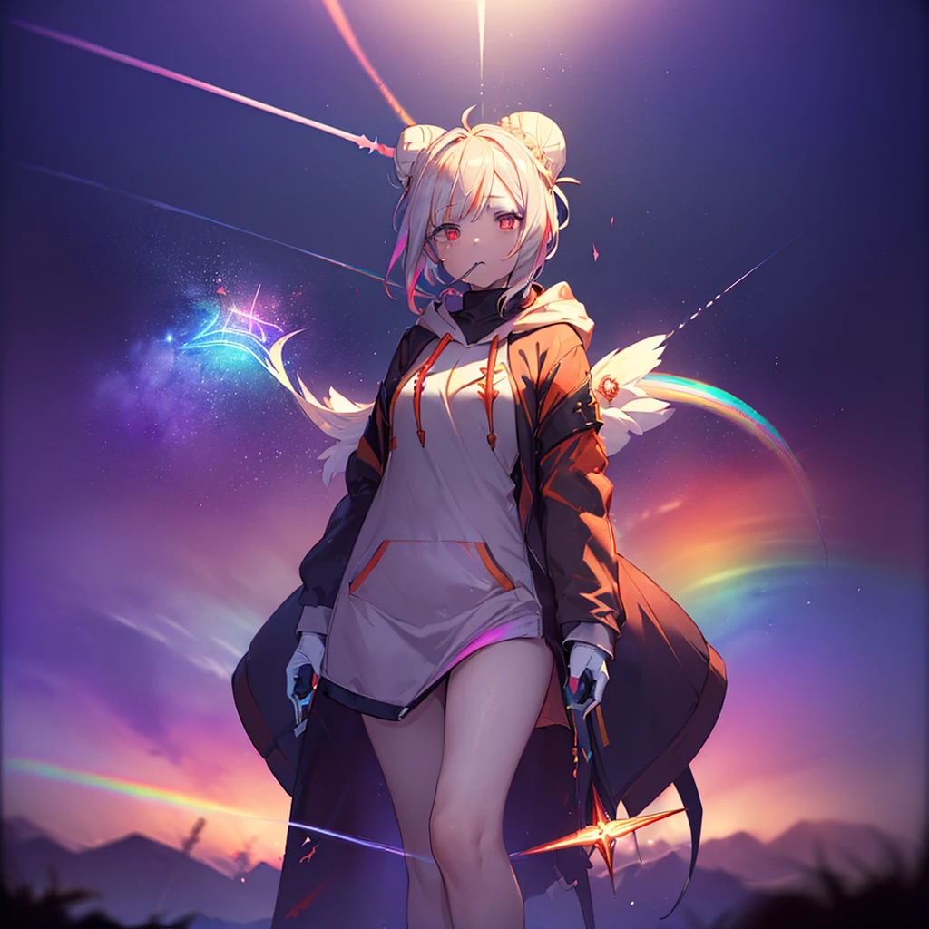 (((((Have a rapier length))))) ((((Fantasy Hair Bun、Rainbow colors Dull red eyes High Neck Hoodie、Mouth hides Put on a coat without putting your arms through it)))) (((Lonely despair))) ((tears gloves)) (Broken glass Distorted Space-Time star moon) Catch the wind Shining Background Particles of light, Shining Edges