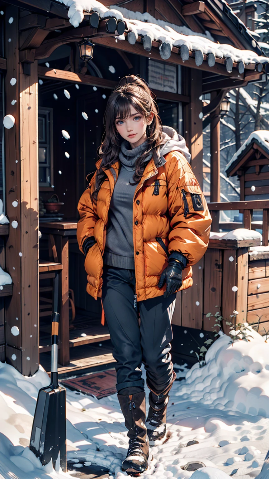 House in the mountains, River Big, Snow-covered rocks, Sharp focus, Very detailed, 8k. 50mm lens、24-year-old female、Down jacket、Winter gloves、Fluffy trousers、Boots、Use a shovel to clear snow from around your house
