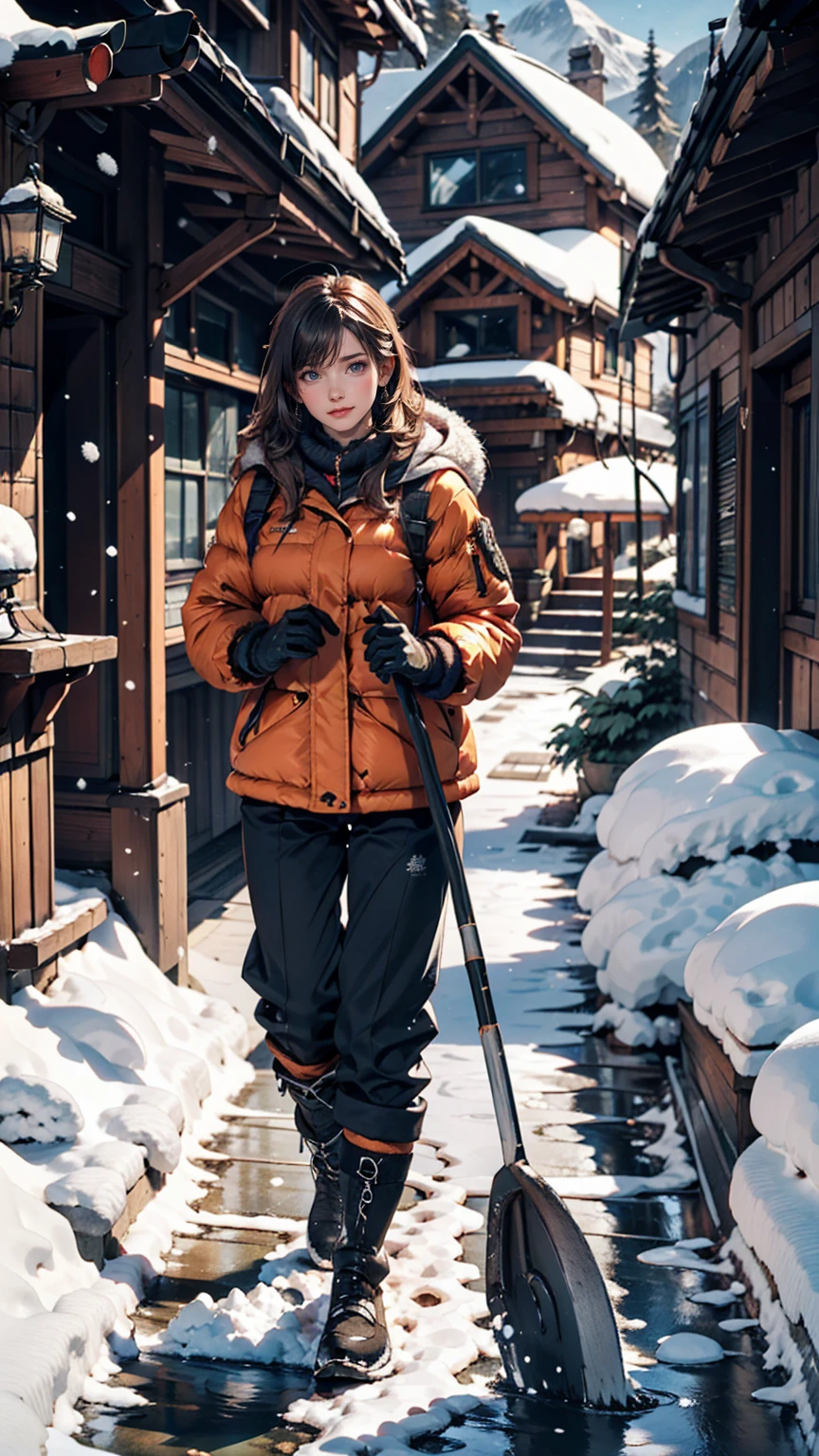 House in the mountains, River Big, Snow-covered rocks, Sharp focus, Very detailed, 8k. 50mm lens、24-year-old female、Down jacket、Winter gloves、Fluffy trousers、Boots、Use a shovel to clear snow from around your house