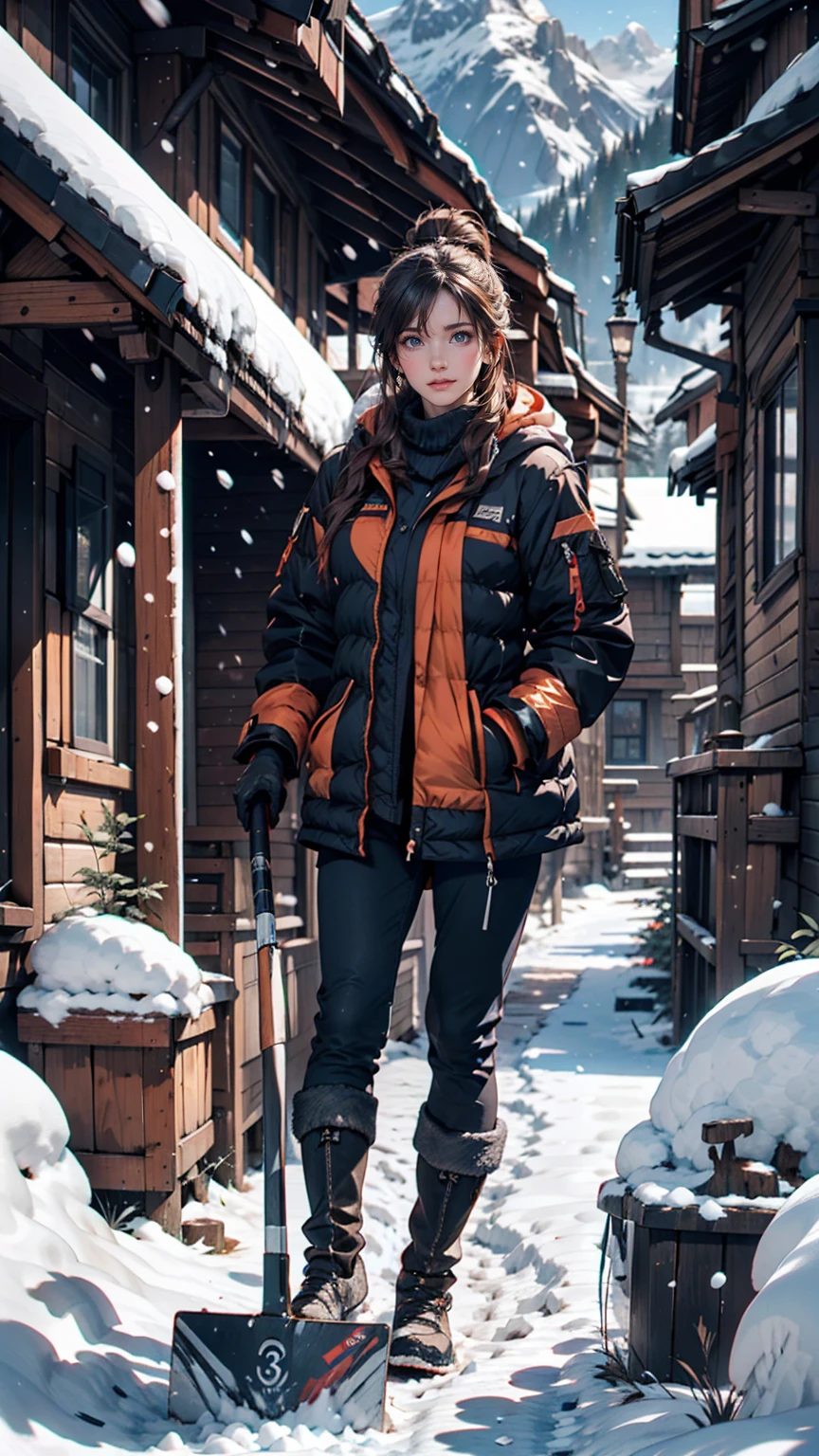 House in the mountains, River Big, Snow-covered rocks, Sharp focus, Very detailed, 8k. 50mm lens、24-year-old female、Down jacket、Winter gloves、Fluffy trousers、Boots、Use a shovel to clear snow from around your house