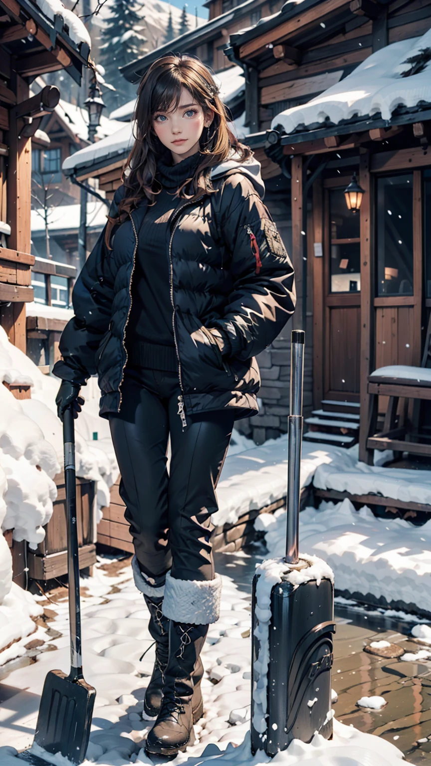 House in the mountains, River Big, Snow-covered rocks, Sharp focus, Very detailed, 8k. 50mm lens、24-year-old female、Down jacket、Winter gloves、Fluffy trousers、Boots、Use a shovel to clear snow from around your house