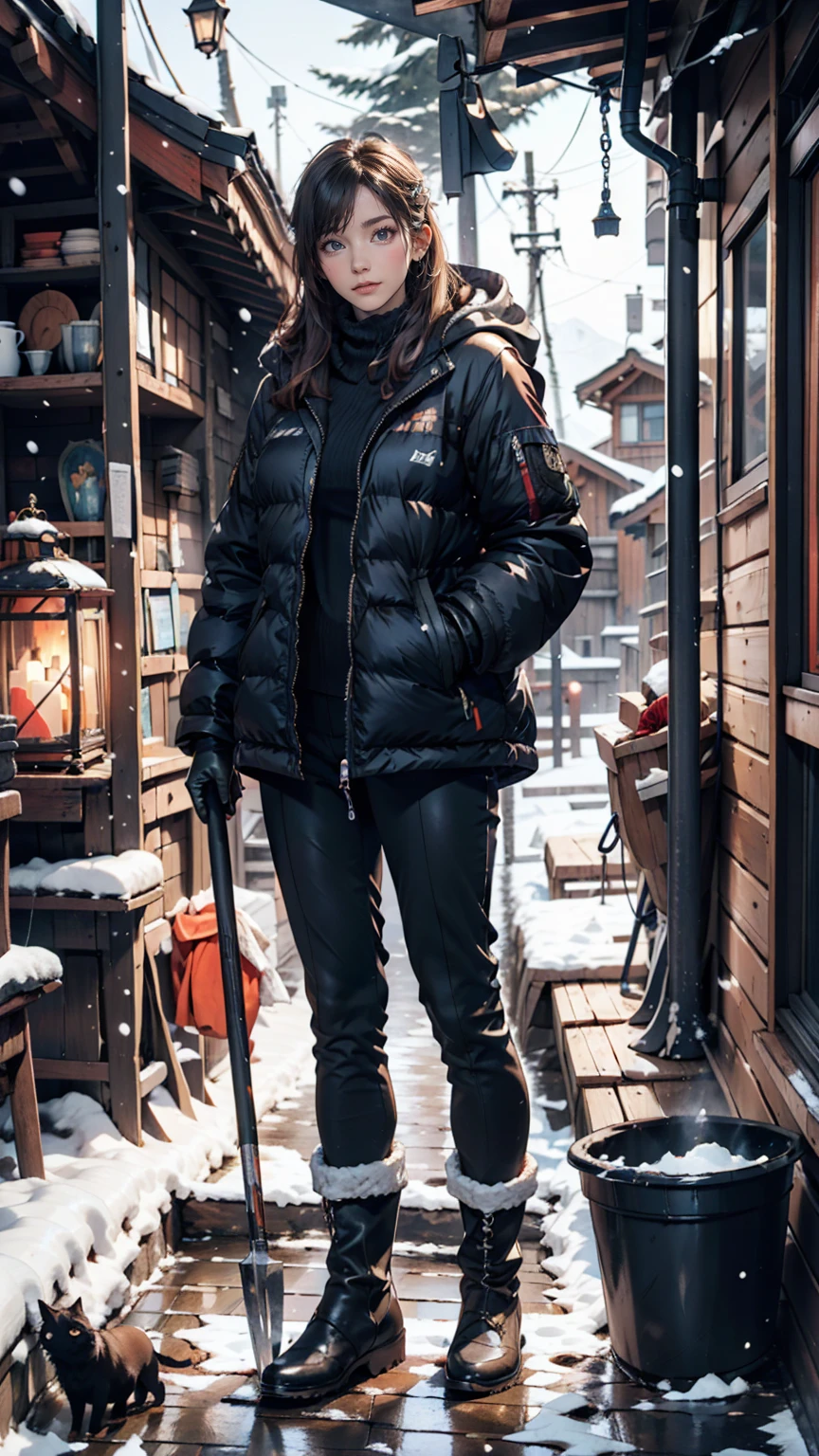 House in the mountains, River Big, Snow-covered rocks, Sharp focus, Very detailed, 8k. 50mm lens、24-year-old female、Down jacket、Winter gloves、Fluffy trousers、Boots、Use a shovel to clear snow from around your house