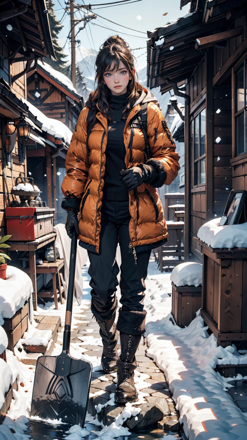House in the mountains, River Big, Snow-covered rocks, Sharp focus, Very detailed, 8k. 50mm lens、24-year-old female、Down jacket、Winter gloves、Fluffy trousers、Boots、Use a shovel to clear snow from around your house