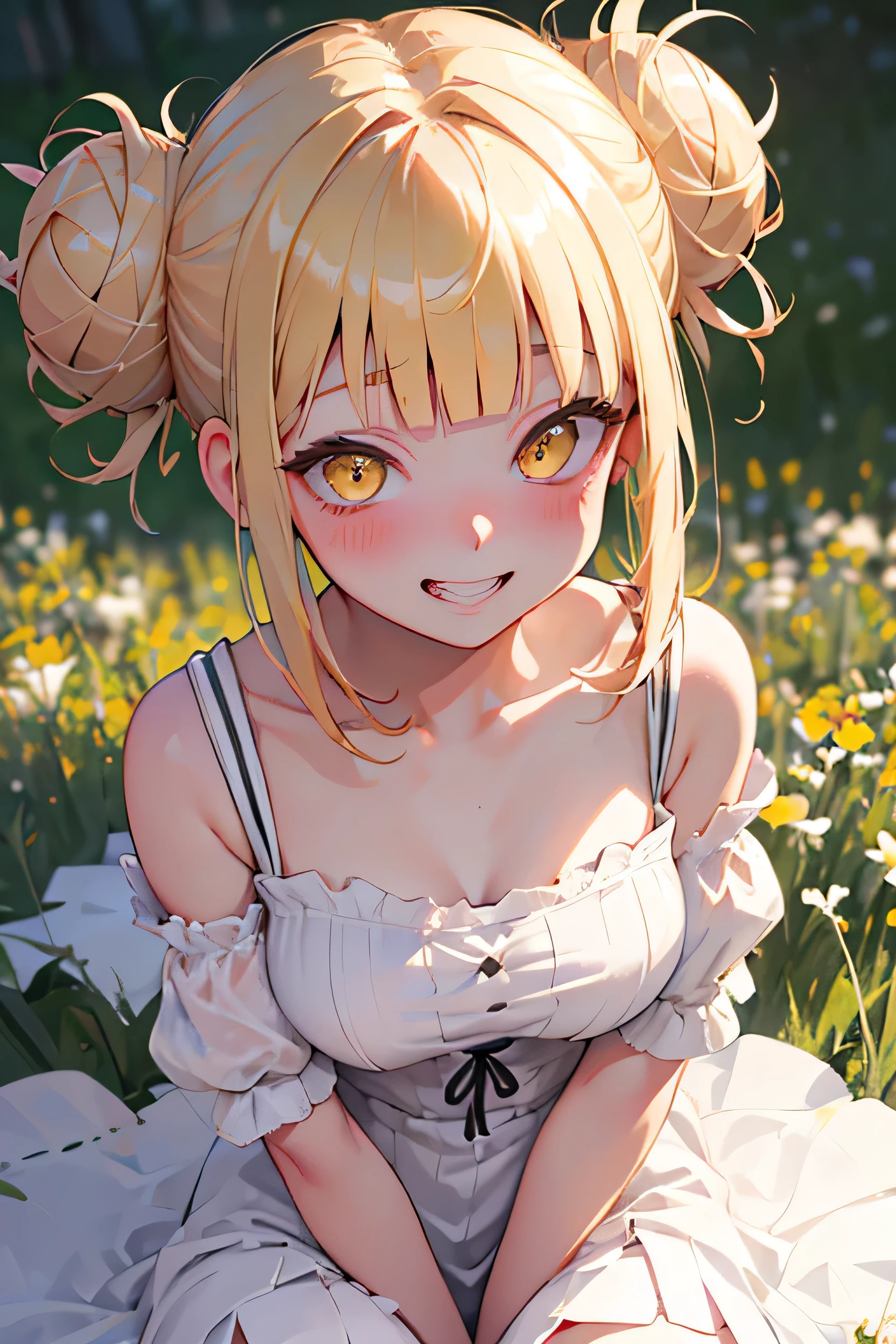 Highest quality, masterpiece, Ultra-high resolution, (Realistic:1.4), RAW Photos, One girl, White Dress, Off the shoulder, Flower Field, Glowing Skin, 軽いsmile, The best quality at its best,very vey very detailed 顔,very detailed eyes and 顔s,Very fine grain,toga himiko,bangs, blonだe hair, Yellow Eyes, blunt bangs, Hair Bun, だouble bun, si da elocks, Messy Hair, View your viewers, smile, blush, bags unだer eyes, teeth