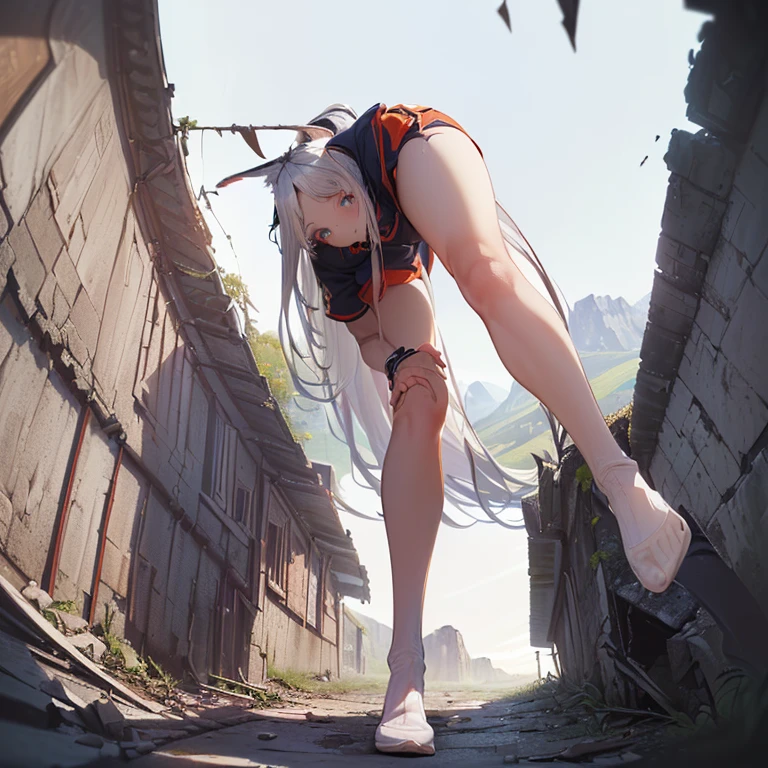(8k, Realistic, RAW Photos, Highest quality, (from below:2), View your viewers: 1.3), (Fox Girl, Fox Ears, Silver Hair, One Girl, Long Hair, (Alone on the screen, dark skin), High definition:1.6), (Bikini Armor:1.8), (Body measurements are 99-55-77!, Height: 145cm, Nice body, Big Breasts, slender, muscle, (Stand with your legs apart, I can see the valley, bent over):1.9),(美しいface, Delicate drawing, It is written down in detail), Avatar, face, 色っぽいface, Dominant representation, naughty face, Uplifting, Skin Texture, outside, ruins, Ruined City, Broken Building, There are no people