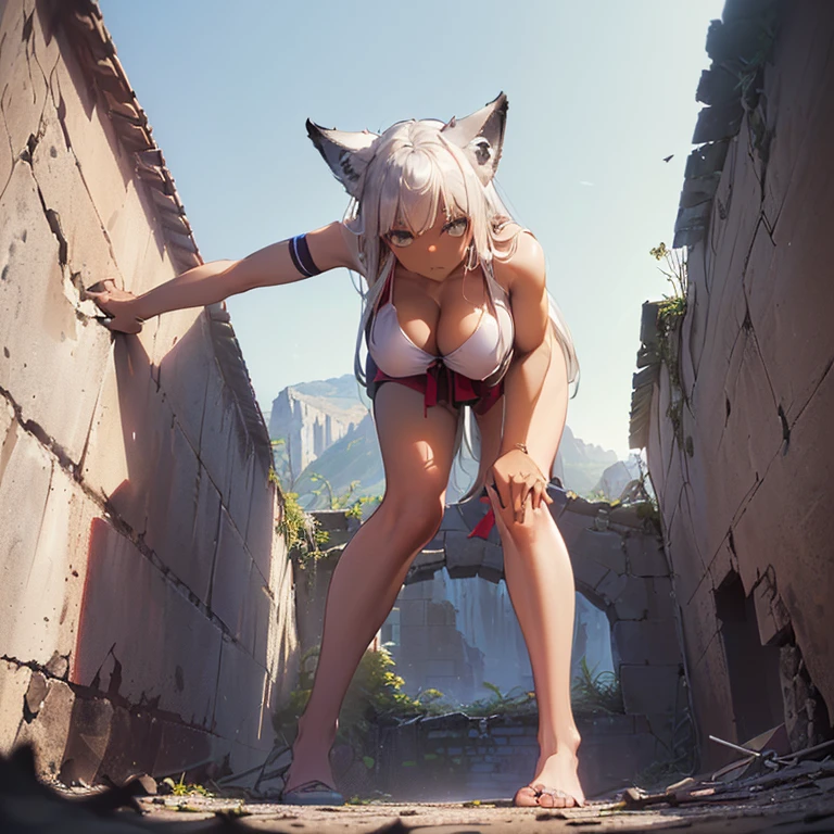 (8k, Realistic, RAW Photos, Highest quality, (from below:2), View your viewers: 1.3), (Fox Girl, Fox Ears, Silver Hair, One Girl, Long Hair, (Alone on the screen, dark skin), High definition:1.6), (Bikini Armor:1.8), (Body measurements are 99-55-77!, Height: 145cm, Nice body, Big Breasts, slender, muscle, (Stand with your legs apart, I can see the valley, bent over):1.9),(美しいface, Delicate drawing, It is written down in detail), Avatar, face, 色っぽいface, Dominant representation, naughty face, Uplifting, Skin Texture, outside, ruins, Ruined City, Broken Building, There are no people