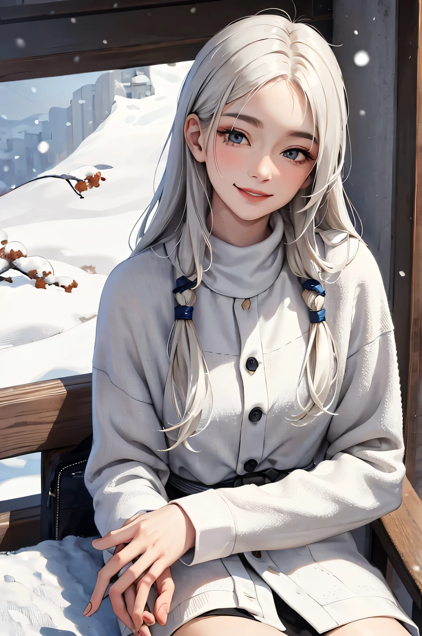 (masterpiece:1.2, best quality), (The real situation, Intricate details), 1. Ms., Solitary, Upper Body, sit down, sit on the floor, Random, Long hair, Minimalist Makeup, Natural fabrics, Close-up of face, Smile, Happy expression, snow, snowing, Cold settings, #12: Very Long Light Platinum Blonde Hair, Braided hair, braided Long hair, Bangs, Thick hair, Green Eyes, emerald Green Eyes, Large target breasts, Large target ass, Large target , Blue Jacket, Fur jacket , White fur, Blue Jacket with fur, Blue Jacket White fur, Bangs on forehead, Korean Bangs, cute Bangs, Mature face, 1 adult, 1 female, 1 female, thigh, black Tights, Black pants, Tights, (Large target tits), (Large target breasts).(best quality, masterpiece:1.2), Perfect body, slim waist, big breasts, off shoulder sweatshirt, jeans, bed，Full of energy，1 girl, golden ratio,[:(Have a detailed face:1.2):0.2]:，pure love face_v1，permanent，Look from your hips，Close-up from behind，(peach butt:1.2)):1.4)，close-up，(best quality, masterpiece:1.2), Perfect body, slim waist, jeans, full body portrait，Rear view，趴bed，Spread your legs，Lying down，bedLying down