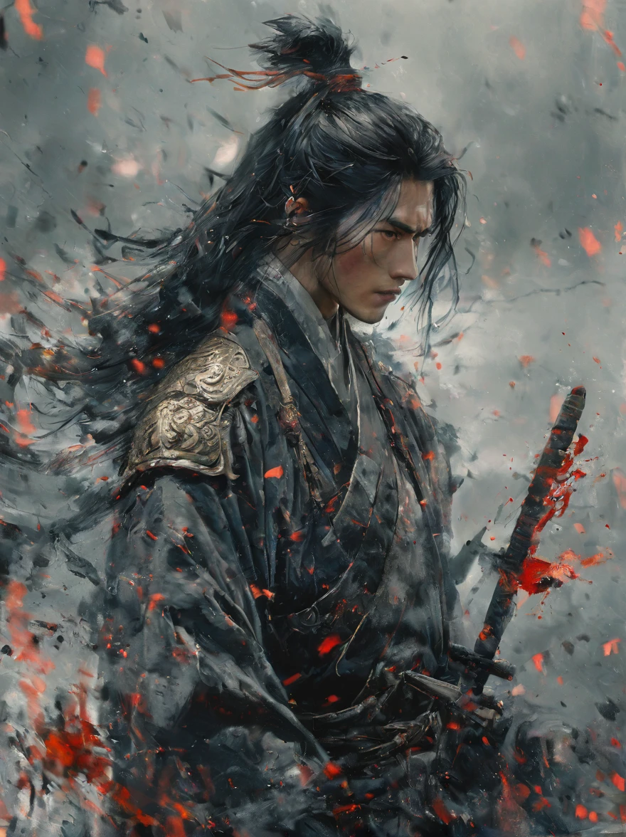 Anamo, 1 boy, Male focus, solitary, Stubble,, Masculinity, Black Hair, Blood, warrior, armor, Looking at the audience, Upper Body, Vicissitudes，Chinese Warrior，Fantasy