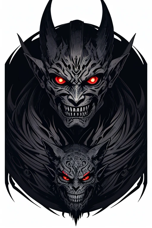detailed illustration of a demonic mask. The mask has an intricate design with lines and textures that seem to imitate the appearance of carved wood or bone. The eyes are large and dark, with an intense and threatening look. The mouth is open in a sinister smile, revealing a row of sharp teeth. The characteristics of the mask, such as pointed ears and ornamental patterns, They give it a terrifying and supernatural appearance. The illustration conveys a feeling of malevolence and mysticism. black and white colors