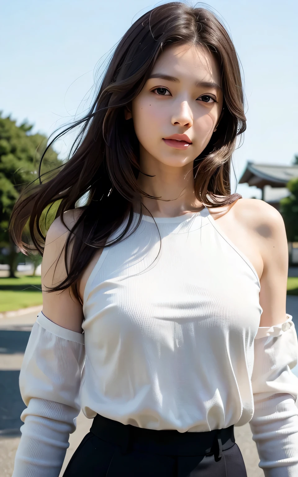 (Raw photo, Best Quality), (Realistic, Photorealsitic:1.3), masutepiece, Extremely delicate and beautiful, Soft light, (Brown hair, Shoulder-length straight hair swaying in the wind), Beautiful detailed girl, (Detailed fingers), extremely detailed eye and face, beautiful detailed nose, Beautiful detailed eyes, 1 girl, Japanese, Neat and clean beauty, Cute, young, dress shirts, Pants, (Half body:1.3), Realistic face, Realistic body, big