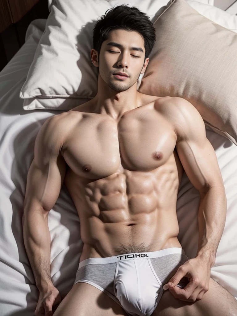Arafed man in a briefs, handsome man, handsome guy, handsome arafed man, Full Body Shoot, male underwear, briefs, portrait, detailed facial parts, Manly, Charmer, Active Boy, sleeping, sleeping on bed, lie down, legs opened, harness, eyes closed, mouth opened, perfect anatomy, symmetric body, asian boy 25-year-old, shirtless :: high detail, asian, a little six packs attractive body, realistic, human skin, handsome chad chin, shirtless, handsome, lean muscle, attractive, slim, masculine, attractive, human skin, (eyes contact), Handsome, Attractive, bulge in briefs, The crotch is raised, bright tone, realistic