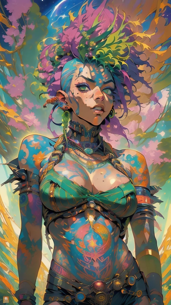 (NSFW:1.4), (masterpiece, top quality, best quality, official art, beautiful, cosmic, atmospheric, psychedelic, dreamlike and aesthetic:1.2), (1girl, green punk rock mohawk hair, tons of tattoos and piercings, super huge enormously gigantic tits), extreme detailed,(fractal art:1.3),colorful,highest detailed, cherry blossoms and butterflies blowing in the wind