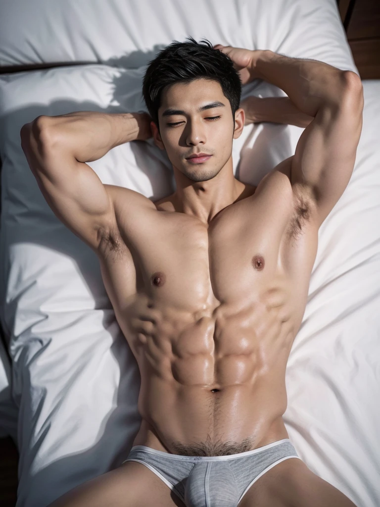 Arafed man in a briefs, handsome man, handsome guy, handsome arafed man, Full Body Shoot, male underwear, briefs, portrait, detailed facial parts, Manly, Charmer, Active Boy, sleeping, sleeping on bed, lie down, legs opened, harness, eyes closed, mouth opened, perfect anatomy, symmetric body, asian boy 25-year-old, shirtless :: high detail, asian, a little six packs attractive body, realistic, human skin, handsome chad chin, shirtless, handsome, lean muscle, attractive, slim, masculine, sexually attractive, human skin, (eyes contact), Handsome, Attractive, bulge in briefs, The crotch is raised, bright tone, realistic