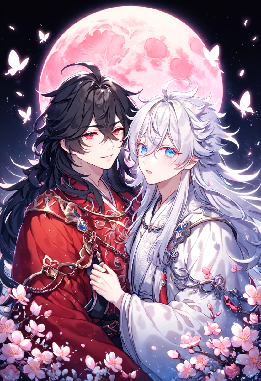 absurdres, highres, ultra detailed, HDR, master piece, best quality, extremely detailed face, delicated features, Xue Yu, untamed spiky hair, black hair, long hair, hair between the eyes, expressive red eyes, Thousand Years War, Gojou Satoru, white hair, messy hair, expressive blue eyes, two sexy men together, gay couple, yaoi, handsome, black cape, red robes, white robes, accessories, patterns, fantasy, magical, radiant, pink butterflies, pink flowers, night sky, shinning pink moon, blossoms