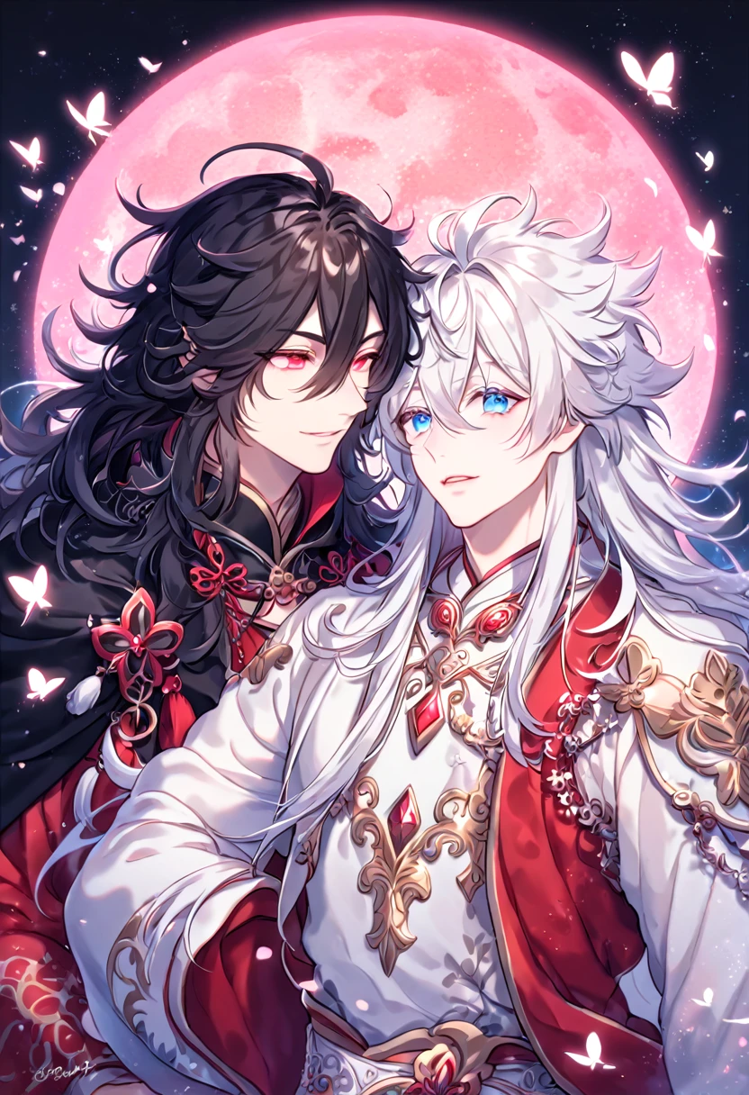 absurdres, highres, ultra detailed, HDR, master piece, best quality, extremely detailed face, delicated features, Xue Yu, untamed spiky hair, black hair, long hair, hair between the eyes, expressive red eyes, Thousand Years War, Gojou Satoru, white hair, messy hair, expressive blue eyes, two sexy men together, gay couple, yaoi, handsome, black cape, red robes, white robes, accessories, patterns, fantasy, magical, radiant, pink butterflies, pink flowers, night sky, shinning pink moon, blossoms