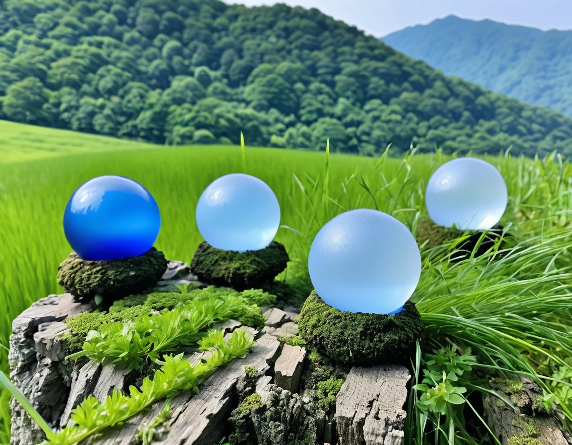 food、(masterpiece, Highest quality), Elastic and soft、(A beautiful clear blue sphere)、Stacking them up again and again、Warabi mochi、forest、grassland、