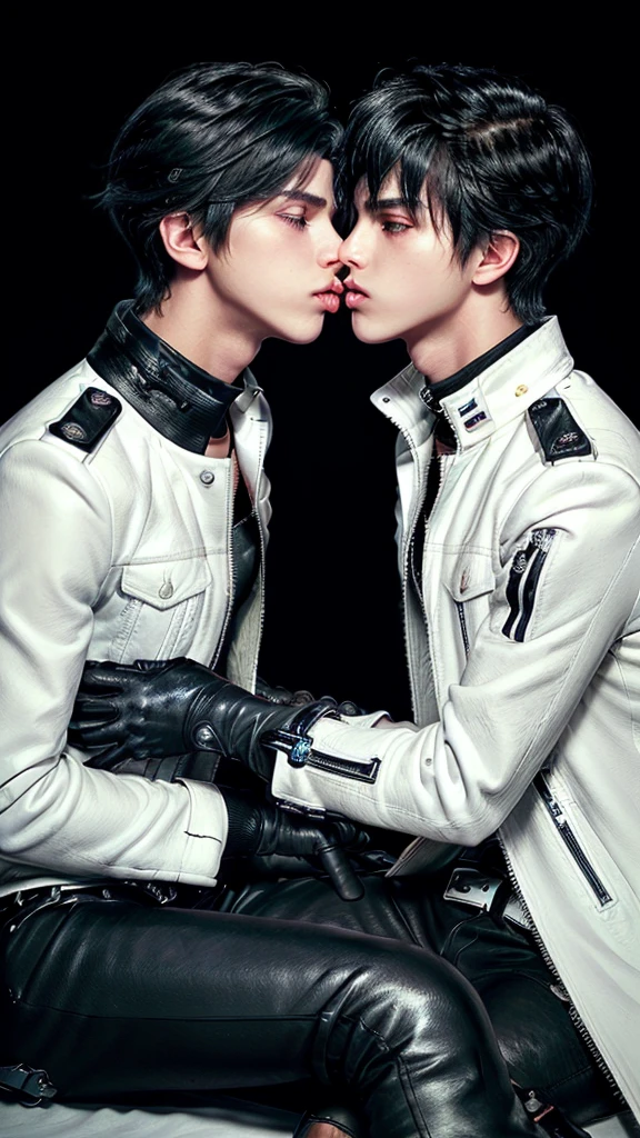 Final fantasy taste and reality graphics, ((two Japanese young cute and cool ikemen boys)), both age is early 20s, thin eyebrows and beady eyes, ((two boys must same all clothes)), ((boys wearing off white color leather thick and heavy material jacket)), ((jacket is singlebrest)), , ,((with epaulet)), ((jacket is long sleeve)), ((zipped up front of the leather jacket)), , ((voluminous leather jacket)), ,((must jacket is high length and stand-up collar)) ((jacket collar with two belts)), ((jacket is a little black color line pattern)), ((both also wearing black thick material turtleneck lackluster shirts)), ((both wearing tight black color long leather pants)), ((two boys put black leather tight and thin glove on both hands)),((leather gloves is covered all full fingers)), ((both wearing black leather knee-high raceup boots)),((must views head-to-toe)),((must views whole body)), ,((Do not show skin from the neck down)),leather jacket leather glove and leather pants have few wrinkles, Avoid showing your innerwear,zip up jacket fastner.must put on a leather glove.
Boy is black hair.boys looks like fashion model.
((Gay boys relationship))
((Two boys hold hands,trying to kiss))
((Two boys close the eyes))