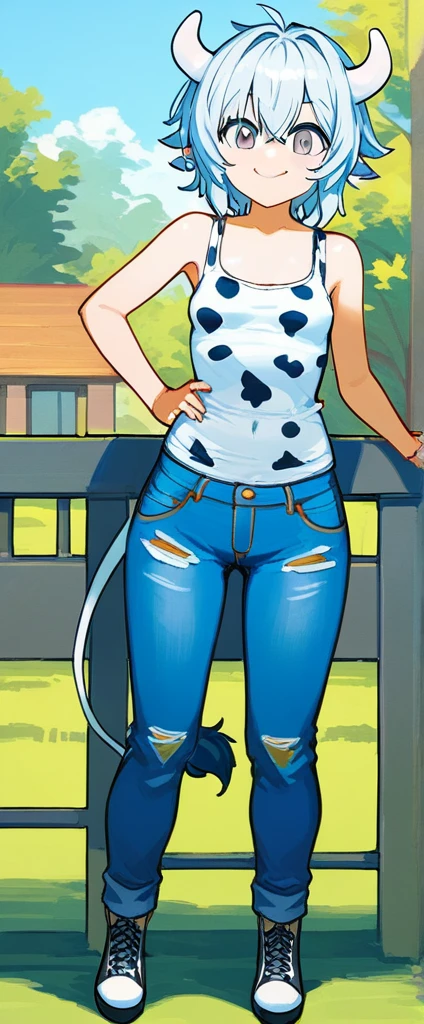 score_9, score_8_up, source_anime, masterpiece, best quality, BREAK 1girl, white horns, white spiked hair, grey eyes, small breasts, smile, pants, cow print tank top, jeans, meadow