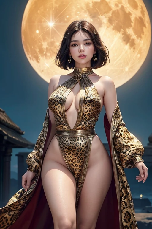 1womanl, brunette skin, a little overweight, breasts small, dazzling, with a dress that covers the body, leopard print, thin straps and reaches mid-thigh height!! look that conveys strength, full lips and slight smile, full moon background that fills the center of the image, the woman stands in front of the moon being illuminated by the moon, beautiful shine, beautiful contrast, light glow in direction from top to bottom in 45 degrees from left to right and another light glow from bottom to top in yellow color in 45 degrees. 