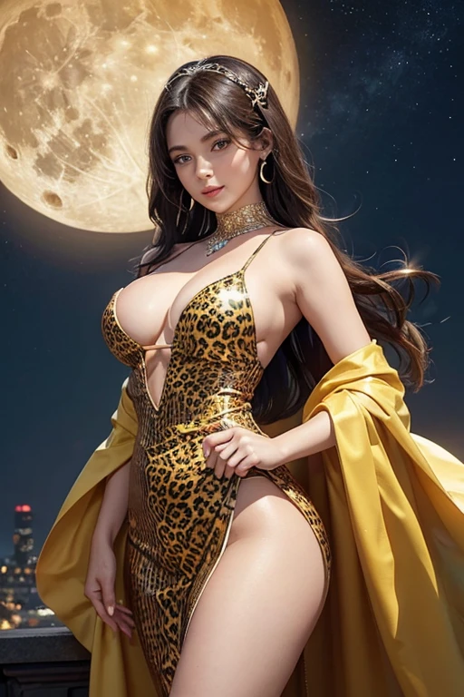 1womanl, brunette skin, a little overweight, breasts small, dazzling, with a dress that covers the body, leopard print, thin straps and reaches mid-thigh height!! look that conveys strength, full lips and slight smile, full moon background that fills the center of the image, the woman stands in front of the moon being illuminated by the moon, beautiful shine, beautiful contrast, light glow in direction from top to bottom in 45 degrees from left to right and another light glow from bottom to top in yellow color in 45 degrees. 