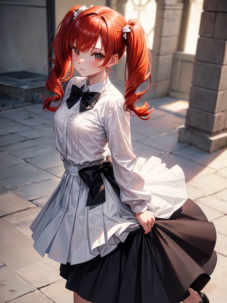 (Olympia), (1girl, redhead, short pigtails held by white ribbons, white button up, black sweater, long black skirt, black shoes, white shoes, black bowtie, short and , school setting, pesky, mischievous, wild, playful) ,Short, redhead, short pigtails, fair skin, , girl, white button-up shirt, black sweater, orange bowtie, (anime:1.2)
