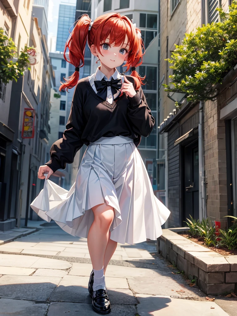 (Olympia), (1girl, redhead, short pigtails held by white ribbons, white button up, black sweater, long black skirt, black shoes, white shoes, black bowtie, short and , school setting, pesky, mischievous, wild, playful) ,Short, redhead, short pigtails, fair skin, , girl, white button-up shirt, black sweater, orange bowtie, (anime:1.2)