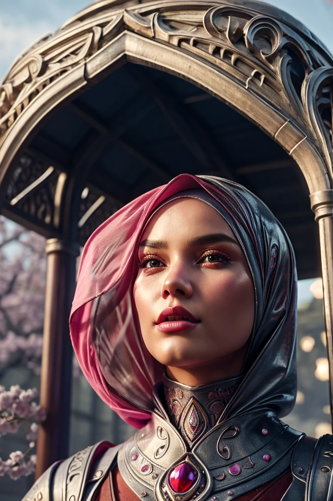 beautiful malay young woman in hijab, wearing hazmat suit made of silver, thick symmetrical features, background is cherry blossoms, pink aura, red lips, octane render,