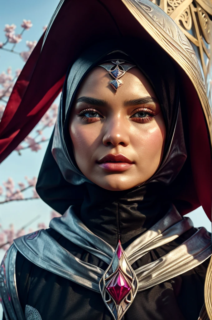 beautiful malay young woman in hijab, wearing hazmat suit made of silver, thick symmetrical features, background is cherry blossoms, pink aura, red lips, octane render,